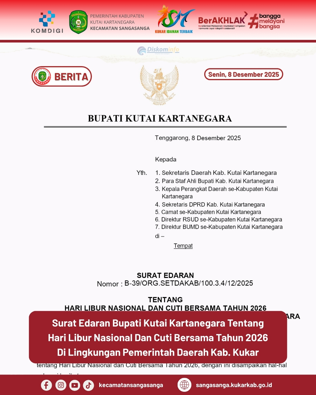 Pengumuman Penting: Jadwal Hari Libur Nasional dan Cuti Bersama Tahun 2026 di Lingkungan Pemda Kukar