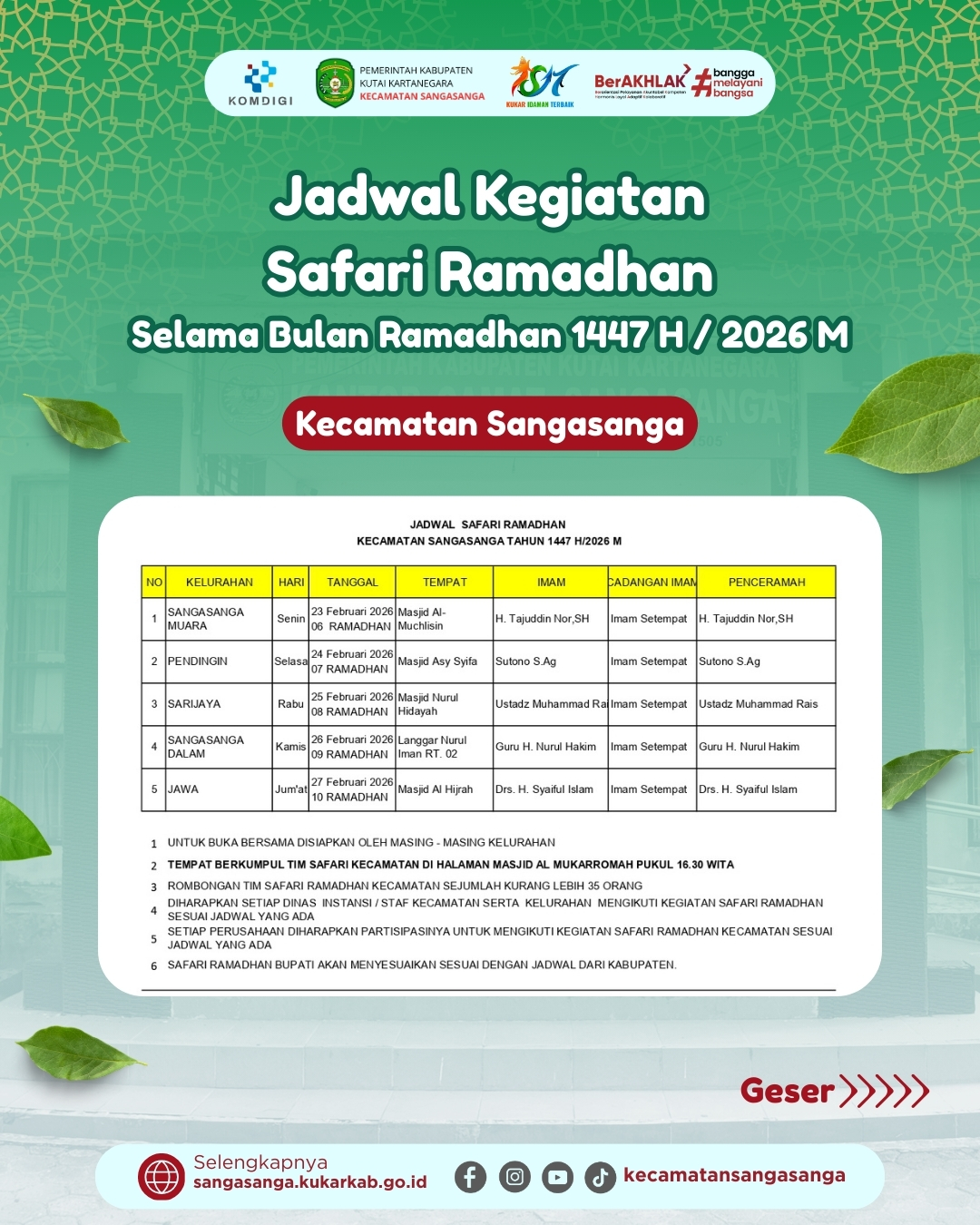 Semarakkan Syiar Ramadhan 1447 H, Pemerintah Kecamatan Sangasanga Gelar Safari Ramadhan Tahun 2026