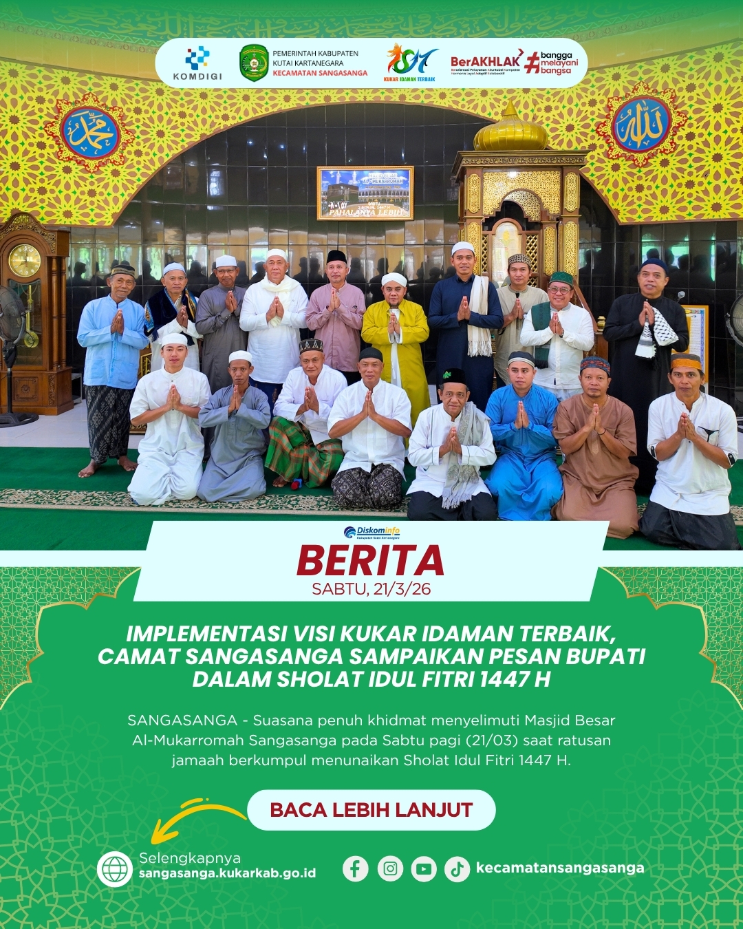 Implementasi Visi Kukar Idaman Terbaik, Camat Sangasanga Sampaikan Pesan Bupati dalam Sholat Idul Fitri 1447 H