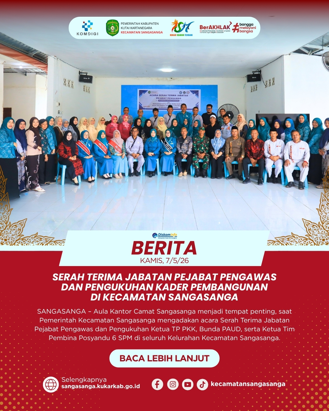 Serah Terima Jabatan Pejabat Pengawas dan Pengukuhan Kader Pembangunan di Kecamatan Sangasanga