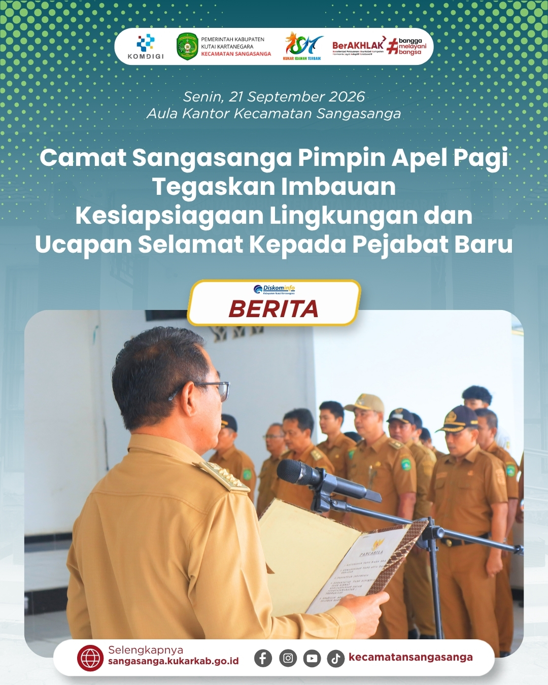 Camat Sangasanga Pimpin Apel Pagi, Tegaskan Imbauan Kesiapsiagaan Lingkungan dan Ucapan Selamat Kepada Pejabat Baru