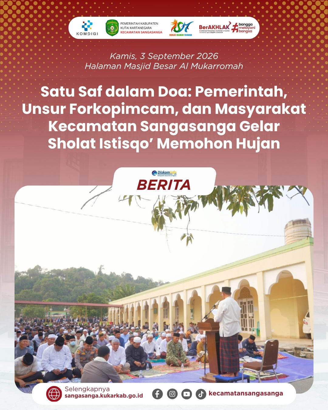 Satu Saf dalam Doa: Pemerintah, Unsur Forkopimcam, dan Masyarakat Kecamatan Sangasanga Gelar Sholat Istisqo’ Memohon Hujan
